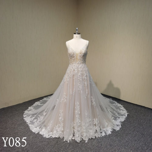 Y085 Sexy Deep V Neck Lace Backless A-line Wedding Dresses