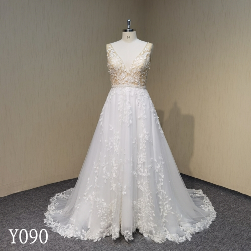 Y090 Lace Appliqued V-Neck Belt Beaded A-Line Bridal Gowns