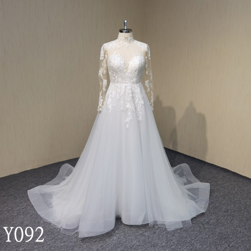 Y092 Long Sleeve A-Line High Neck See-Through Tulle Bridal Gowns