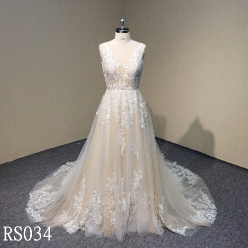 RS034 Tulle A-line Bridal Wedding Dresse with applique Made in Guangdong Suppliers