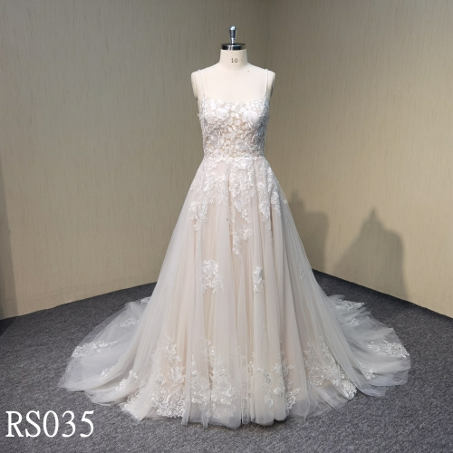 RS035 Tulle A-line Bridal Wedding Dresse with applique Made in Guangdong Suppliers