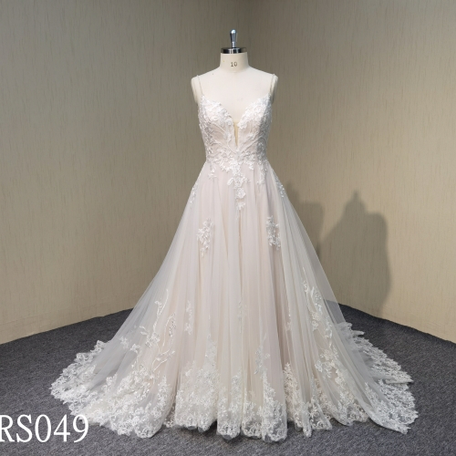 RS049 Luxury Sexy Deep V Neck Lace A-line Wedding Dresses Made in China