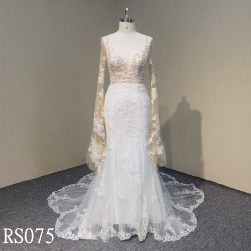 RS075 Loog Sleeve Mermaid wedding dress with Applique Wedding Bridal
