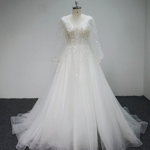 Y001 Sequins Loog Sleeve Bridal Gowns with applique Wedding Dress