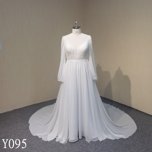 Y095 Long Sleeve A-line Chiffon V-Neck Bridal Gowns
