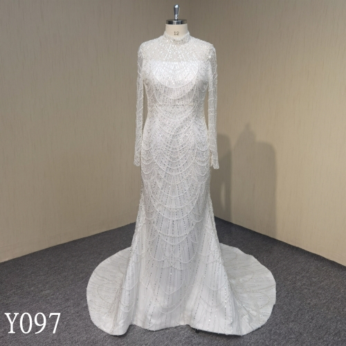 Y097 Luxury Beaded Long Sleeve High Neck Mermaid Wedding Dresses