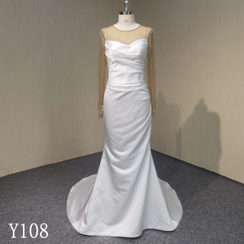 Y108 Long Sleeve Sheer Beaded Satin Mermaid Wedding Dress