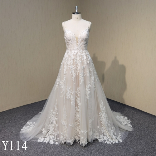 Y114 A-line Lace Applique V-Neck Spaghetti Strap Backless Wedding Dress