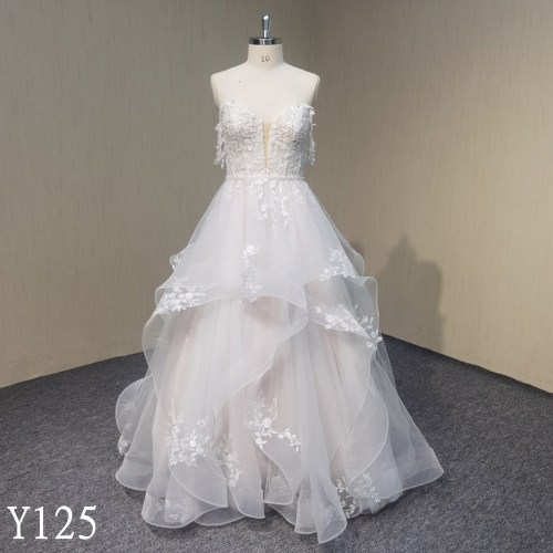 Y125 Spaghetti Strap A-line V-neck Beaded Wedding Dress