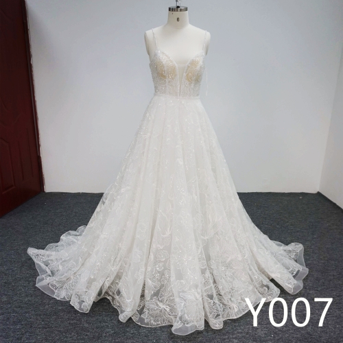 Y007 Sequins Strapless Bridal Gowns with Lace flowers Wedding Dress Made in China