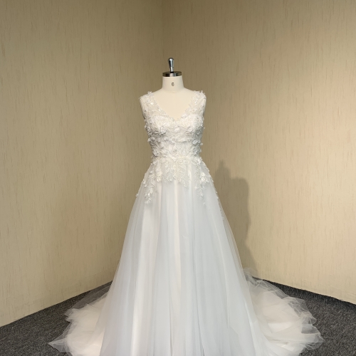 Y009 V-Neck Sequins Bridal Gowns with Lace flowers Wedding Dress Made in China