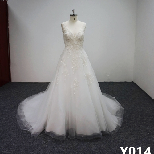 Y014 Lace flowers Bridal Gowns with applique Wedding Dress Spaghetti strap Dress Made in China
