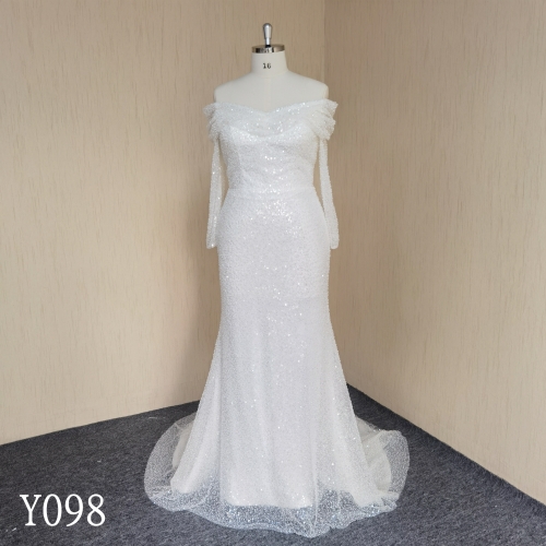 Y098 Strapless Long Sleeve Beaded Mermaid Wedding Dress