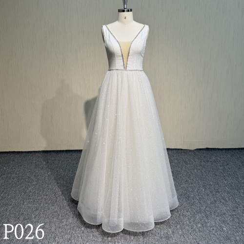P026 A-Line Trainless with Sequins Wedding Dress V-neckline
