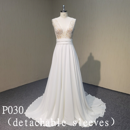P030 Lace flowers Bridal Gowns Detachable Sleeves Wedding With Dress V-neckline