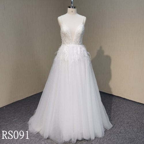 RS091 Beaded Strap Deep V-Neckline Bridal Gowns With Feather Made In China