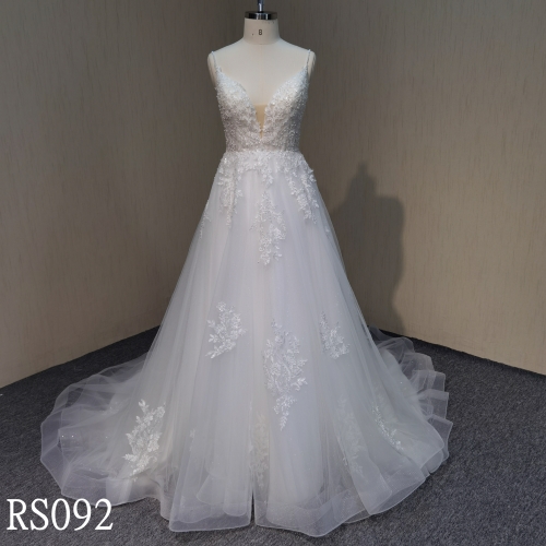 RS092 Lace Flower A-line Wedding Gown with Beaded Strap Made in China