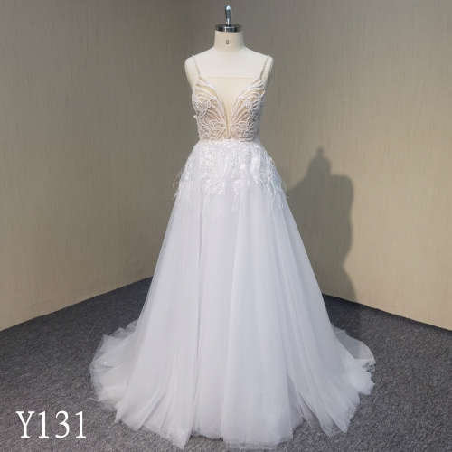 Y131 Beaded Strap A-line Wedding Gown with Feather Made in China