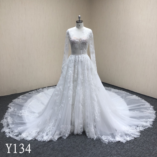Y134 A-line High Neck Lace See-Through Wedding Dresses With Long Sleeve
