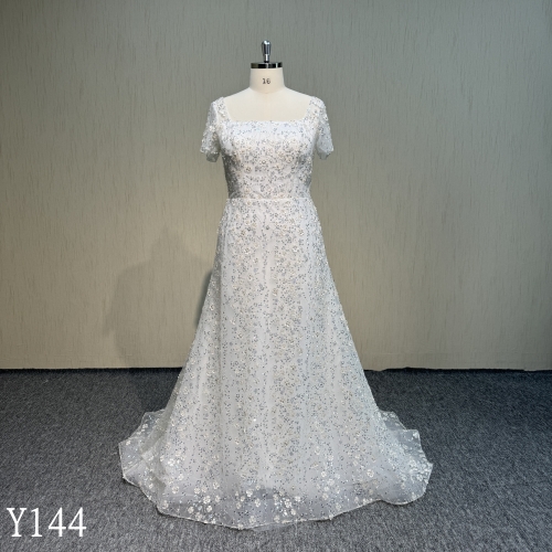 Y144 Sequins Bridal Gowns with Short Sleeves Wedding Dress Made in China