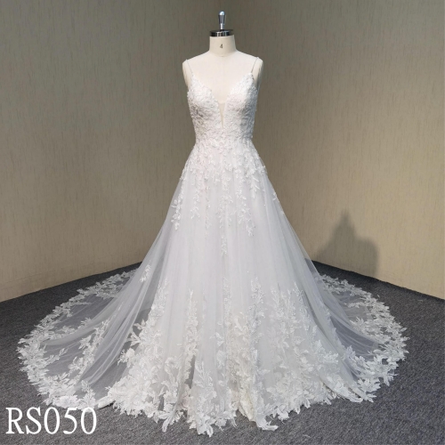 RS050 Lace up back wedding dress with handmade beaded lace A-Line Bridal Gowns