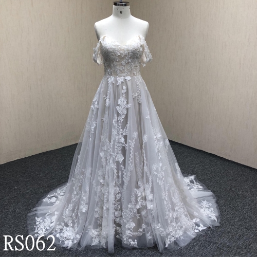 RS062 Champagne A line wedding dress with off sleeves