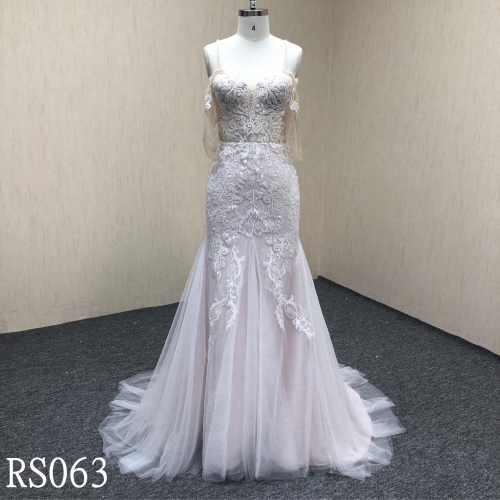 RS063 Blush and ivory  mermaid wedding dress  with lace applique
