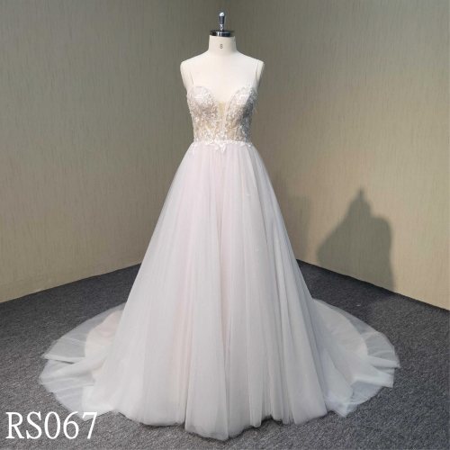 RS067 A line spaghetti straps  wedding dress with glitter tulle