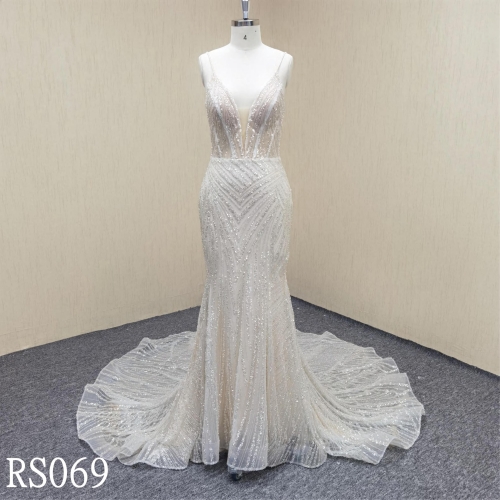 RS069 Blingbling mermaid beaded dress with deep neckline zipper back wedding dress