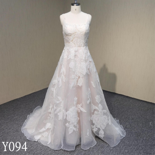 RS097 Organza  A line wedding dress with big lace blush bridal dress