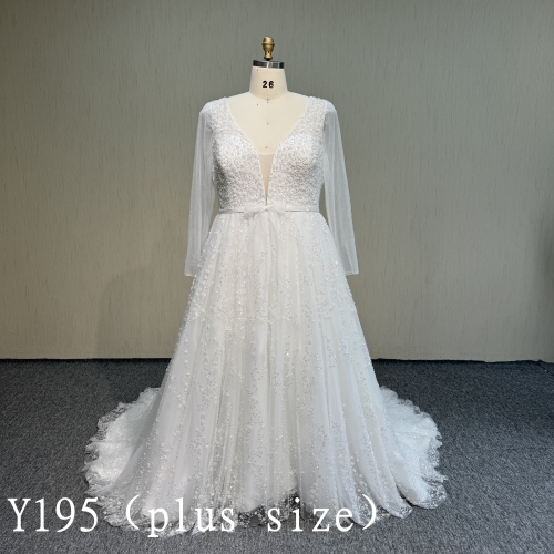 Y195  A line V-neck Longsleeves wedding dress with Beaded for Bridal
