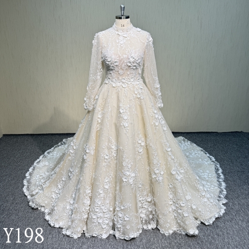 Y198 Longsleeves Glitter High Neck Bridal Wedding Dresses With 3D flower lace