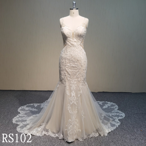 RS102 Applique Spaghetti strap mermaid dress with  sweetheart zipper back wedding dress