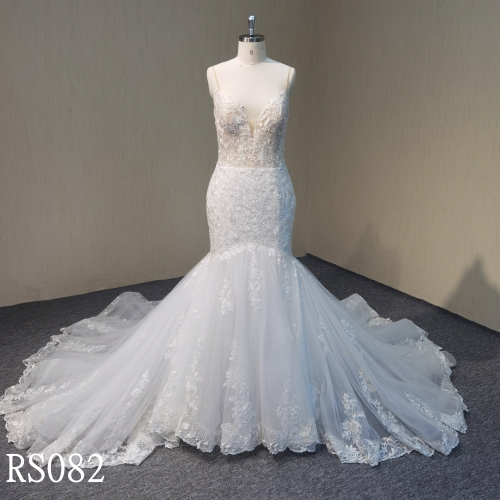 RS082 Applique Spaghetti strap mermaid dress with  sweetheart zipper back wedding dress