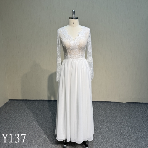 Y137 Elegant Lace up skirt  Long sleeves Wedding Dresses  made in China