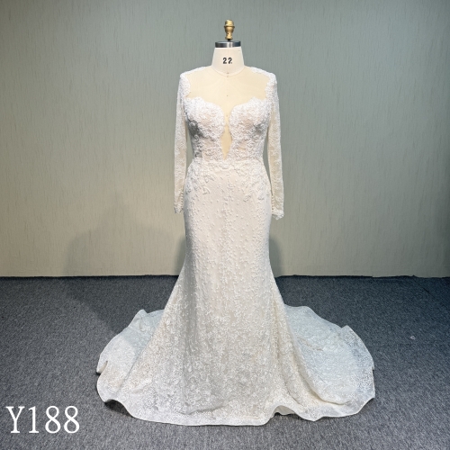 Y188 3D Flower Lace Long sleeves mermaid dress Illusion wedding dress