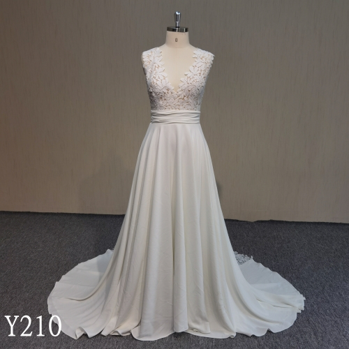 Y210 V-neck sleeveless crepe A-line wedding dress with lace
