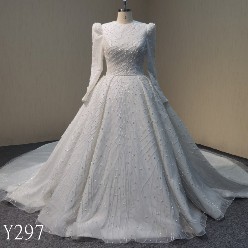 Y297  Elegant Design Hand Beading Long Sleeve High Neck Wedding Dress for Woman