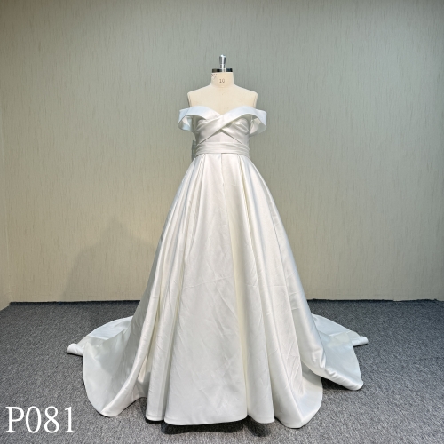 P081 sleeveless crepe satin ball gown Bridal Wedding Dresses for wedding woman with big bow