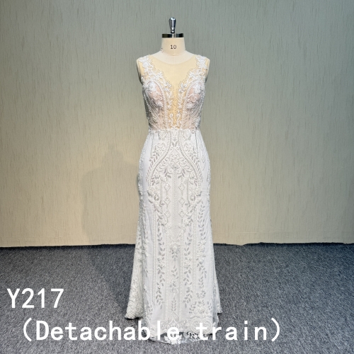 Y217 Beading Lace  V-neck A-line bridal dress with detachable train
