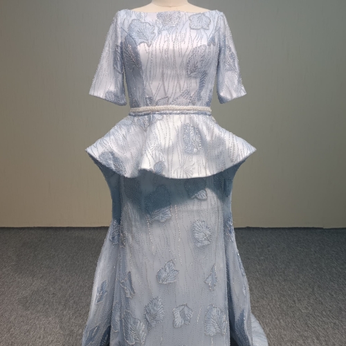 Y294 Light blue beading lace mermaid  evening dress with detachable belt