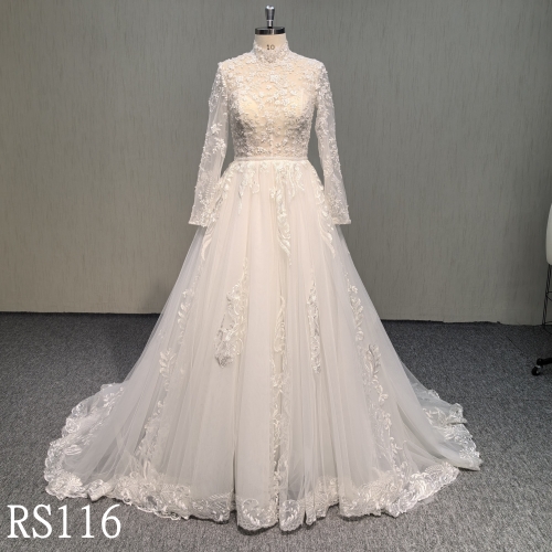 RS106 Elegant Design High Neck LongSleeve Applique Lace Made in China
