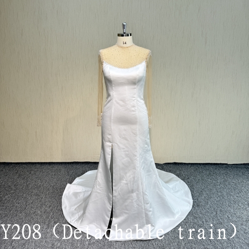 Y208 Longsleeve Satin High Neck  Ball Gown  with Hand Beading  Made in China