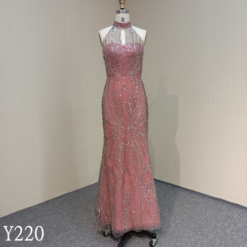 Y220 Pink Beading Lace Elegant Mermaid with Illusion Back Evening Dress for woman
