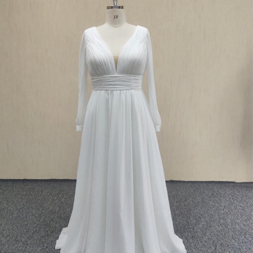 P074 Long sleeves v-neck  dress bridal  with Chiffon made in China.