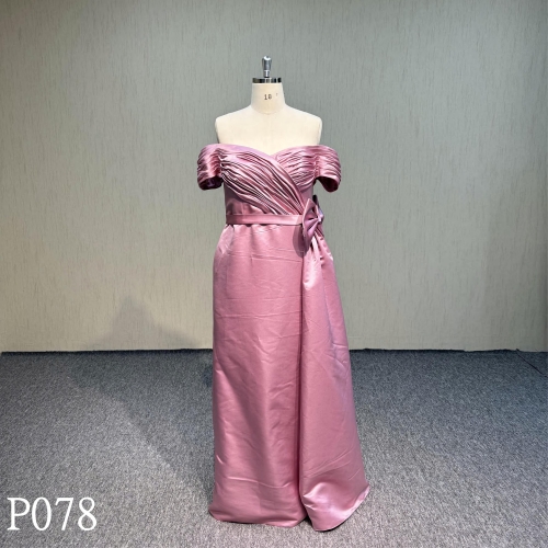 P078 Rose color dress Fashion design off shoulder sleeves  Evening gown Bridal Wedding Dress for Woman