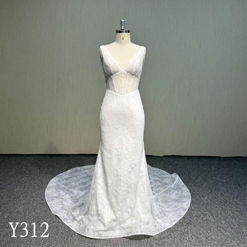 Y312  V-neck  Lace applique sleeveless mermaid dress backless wedding dress