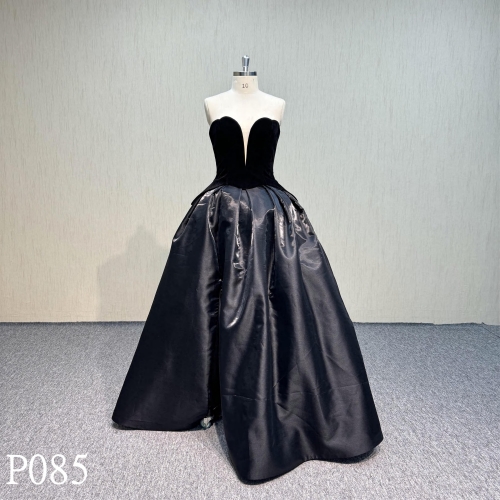 P085 Simple Elegant Design Black Dress with Big Hemline