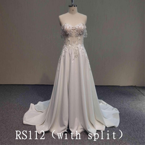 RS112 A-line skirt with slits  See-through dress with  lace appliques Made In China