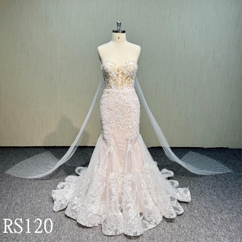 RS120 Sweetheart Neck Pink Mermaid Dress with Lace Appliques